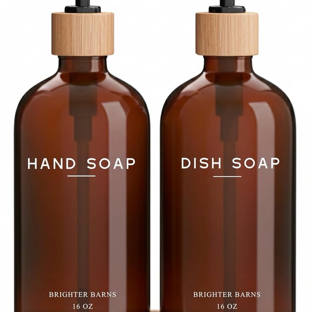 Amber Glass Pump Bottle - Brown Refillable Hand & Dish Soap Set